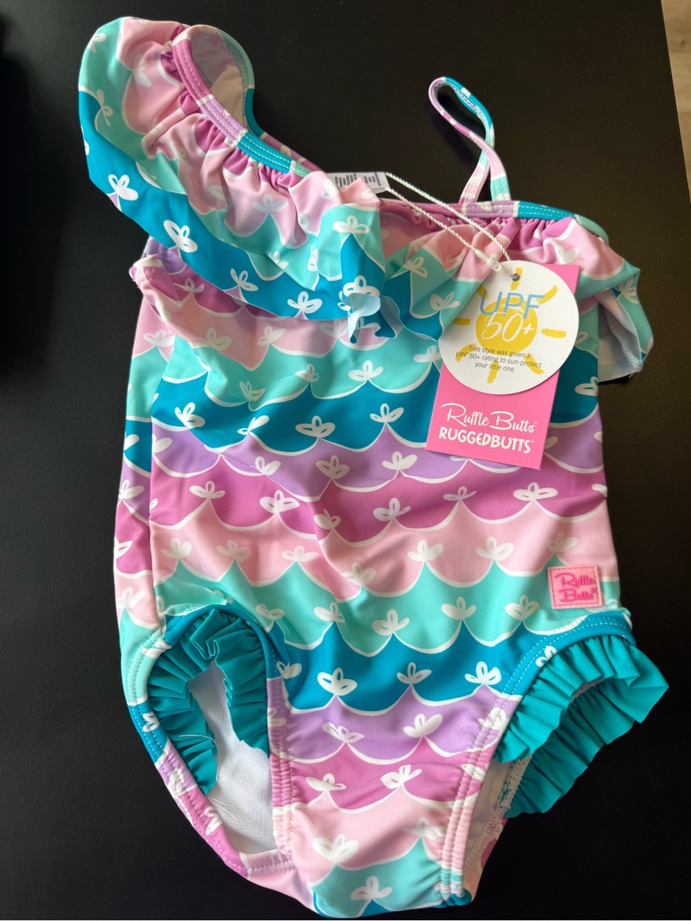 Ruffle Butts Pink Teal Purple Girls One-Shoulder Swimsuit 2T